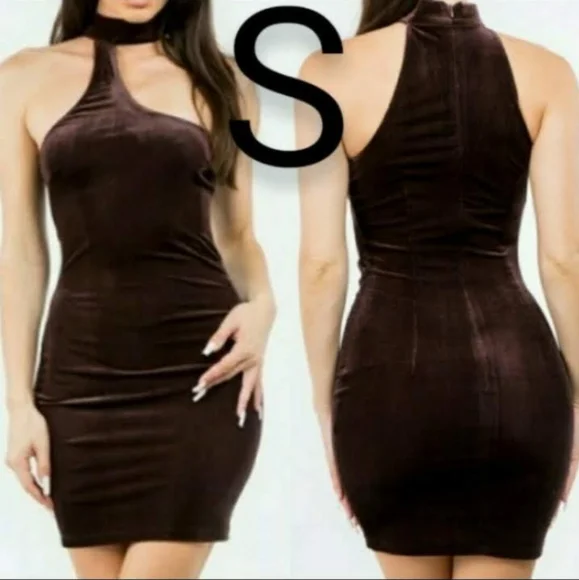 Bear Dance | Dresses | Brown Velvet Ribbed Mock Neck Cut Out Mini Dress  Size S | Poshmark
